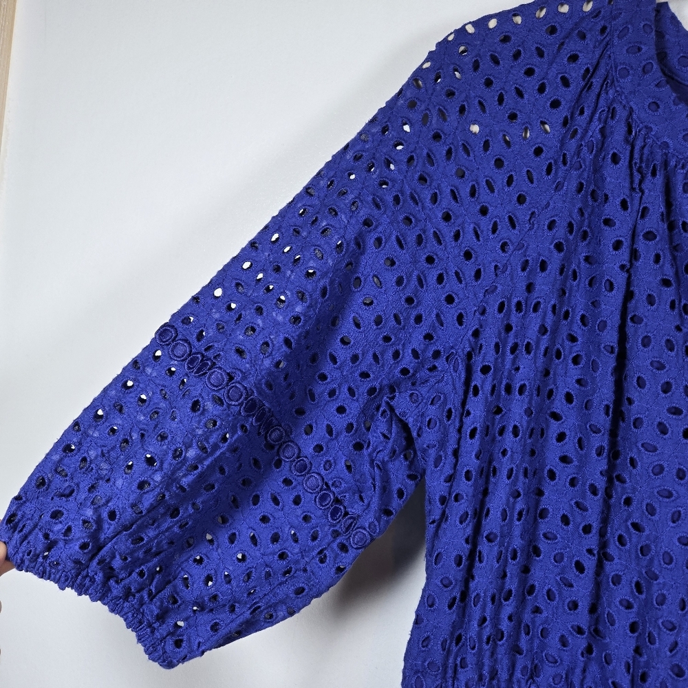NEW Vince Camuto Blue Eyelet Fit & Flare Cotton Tassle Waist Midi Dress Size 6 - Picture 6 of 14